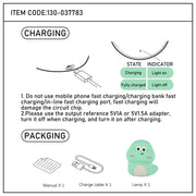Instructional diagram for a dino lamp, indicating charging & packaging contents: manual, charge cable, & lamp. Lighting states shown too.
