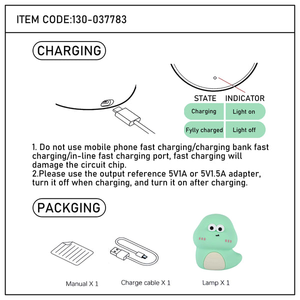 Instructional diagram for a dino lamp, indicating charging & packaging contents: manual, charge cable, & lamp. Lighting states shown too.