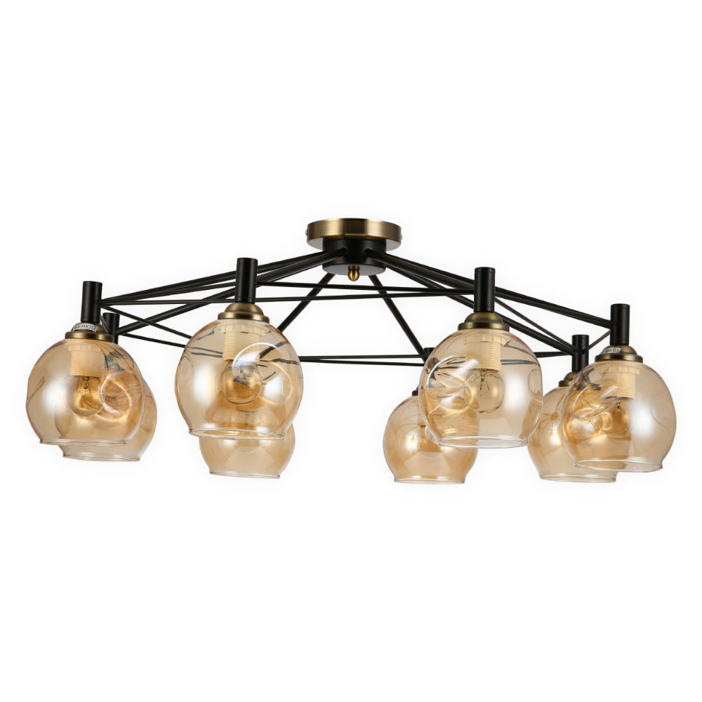 Amber Bell Glass Black Metal Semi Flush Ceiling Light