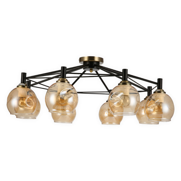 Modern Sputnik-style ceiling light with amber glass shades and a black and brass finish.