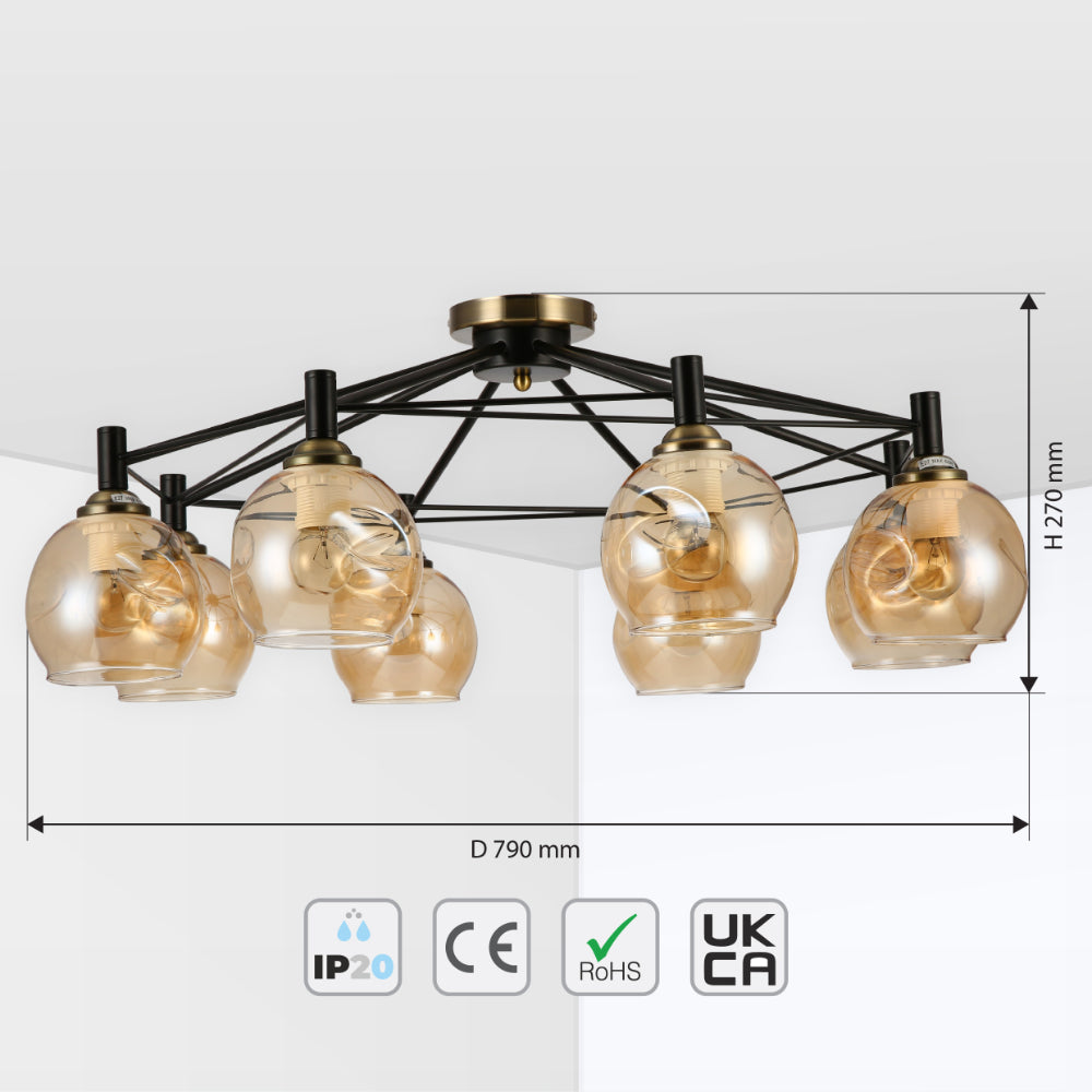 A stylish, multi-bulb ceiling light fixture with amber glass shades and a black frame, offering warm and inviting illumination.