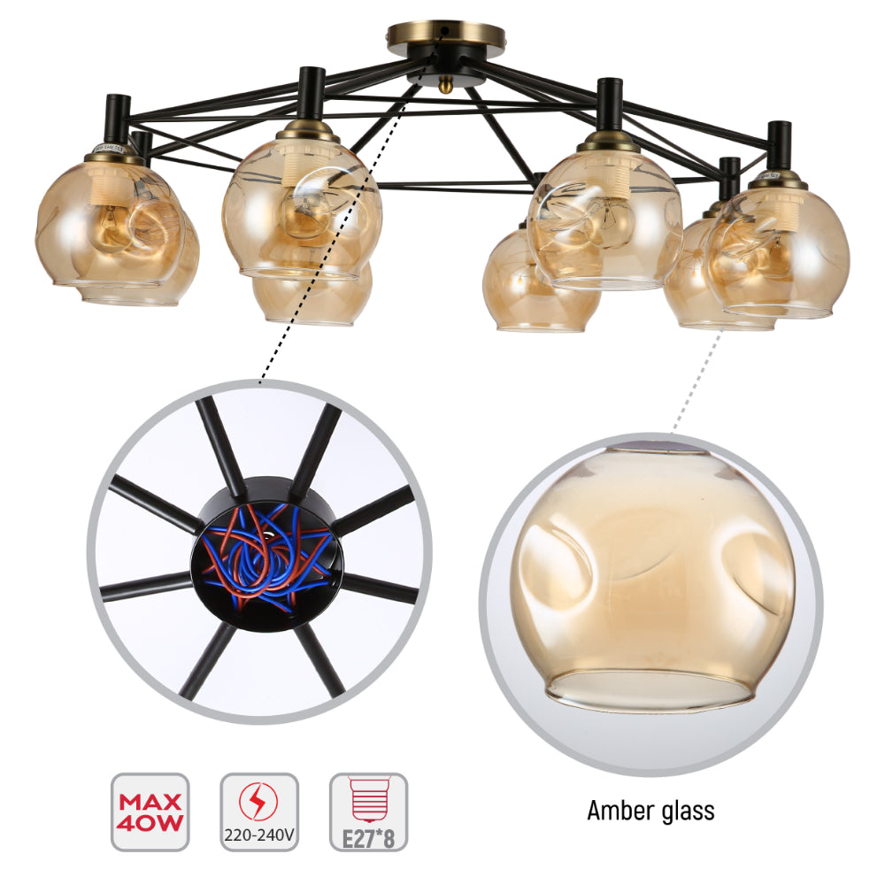 A modern, statement ceiling light with sleek black metal and amber glass shades. A stylish focal point for any room.