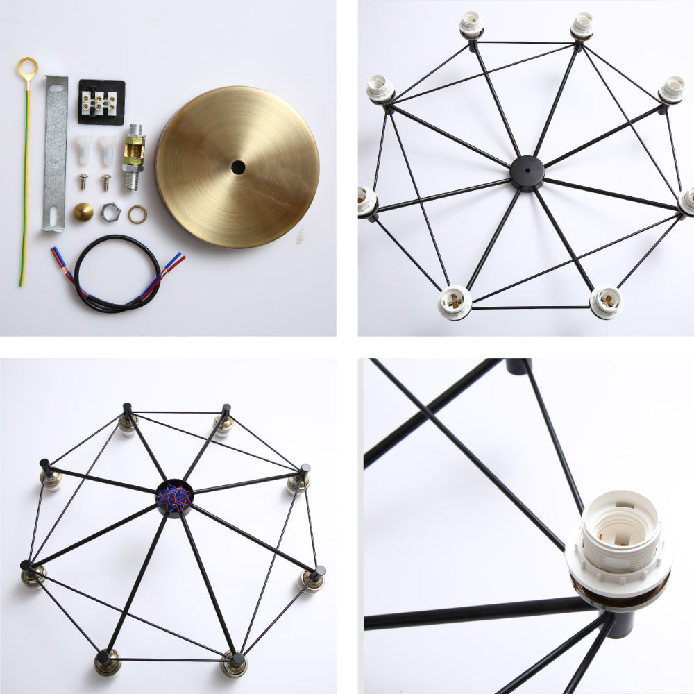 A modern sputnik chandelier kit, with the various pieces required for assembly shown in four separate images.