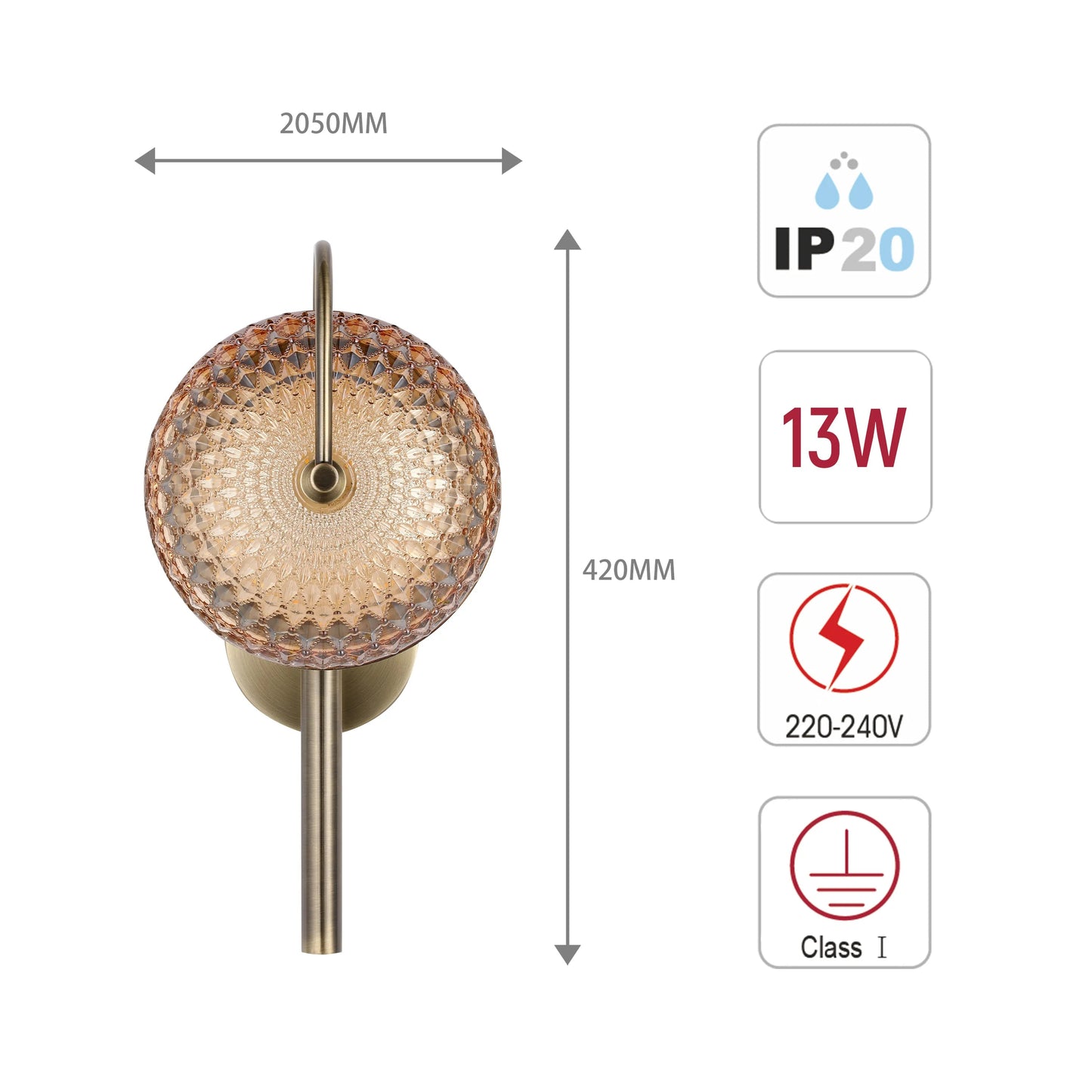 Decorative wall light. Glass shade with a metallic gold fitting and pole. Shows measurements and electrical information.