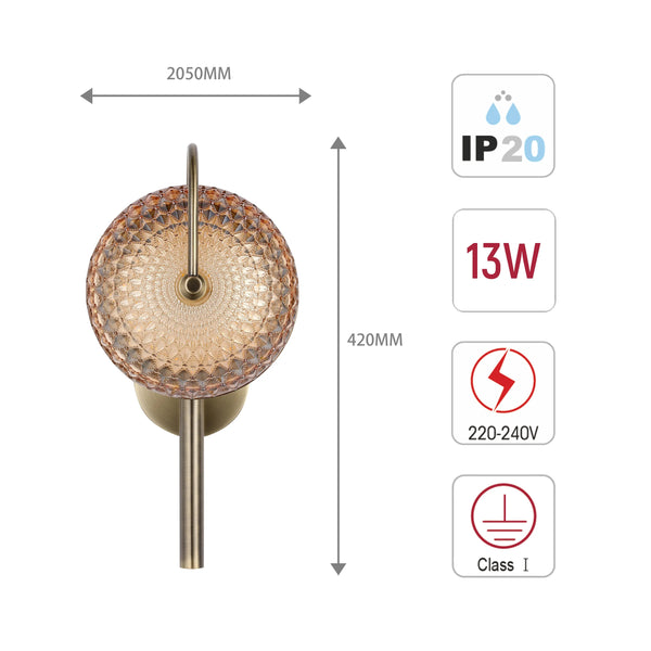 Decorative wall light. Glass shade with a metallic gold fitting and pole. Shows measurements and electrical information.