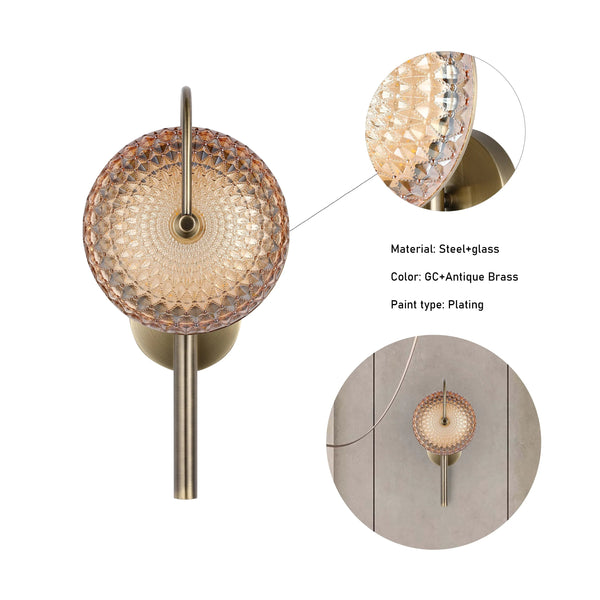 Antique brass wall light with textured glass shade. A stylish and modern addition to any room.