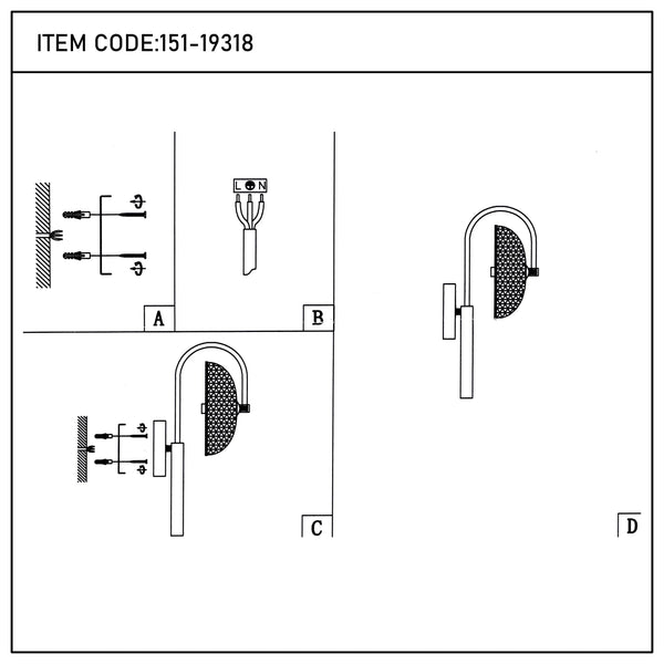 Instructions showing steps for installing a wall-mounted light fixture, including wiring and fixing to the wall.
