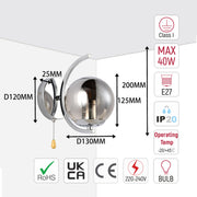 Chrome globe wall light with pull cord and technical specifications for bulb, size and safety information.
