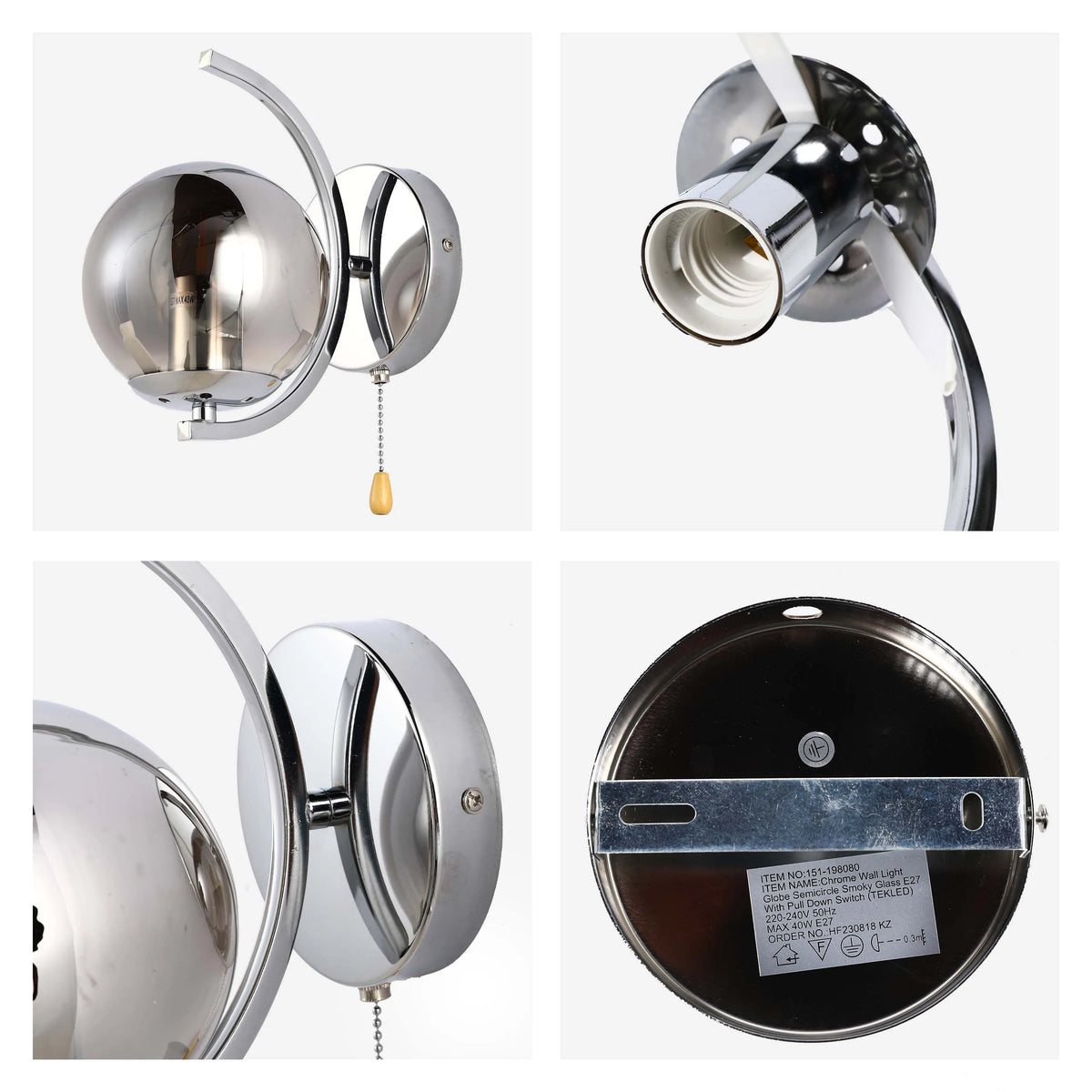 Chrome wall light with smoky glass globe, pull switch. Modern, stylish lighting for any room. E27 fitting, max 40W.