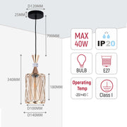 A stylish pendant light with glass and metallic detailing. Dimensions shown; 340mm height, max 40W, E27 bulb.