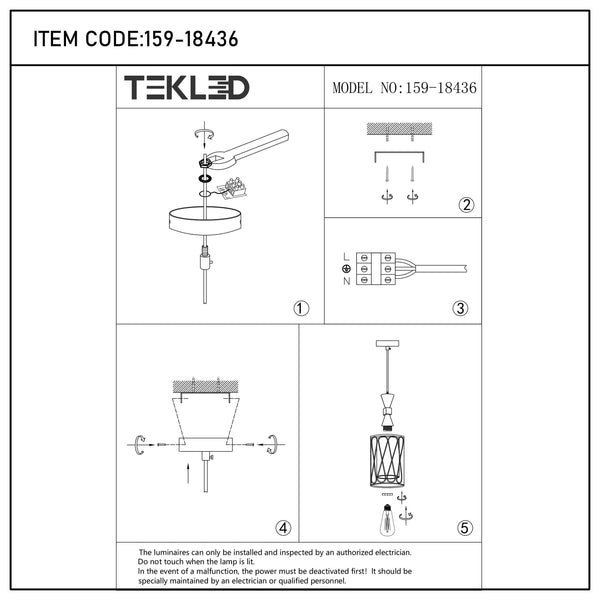 An installation guide for a Tekled pendant light, model number 159-18436. The diagrams show how to assemble and install the light fixture.