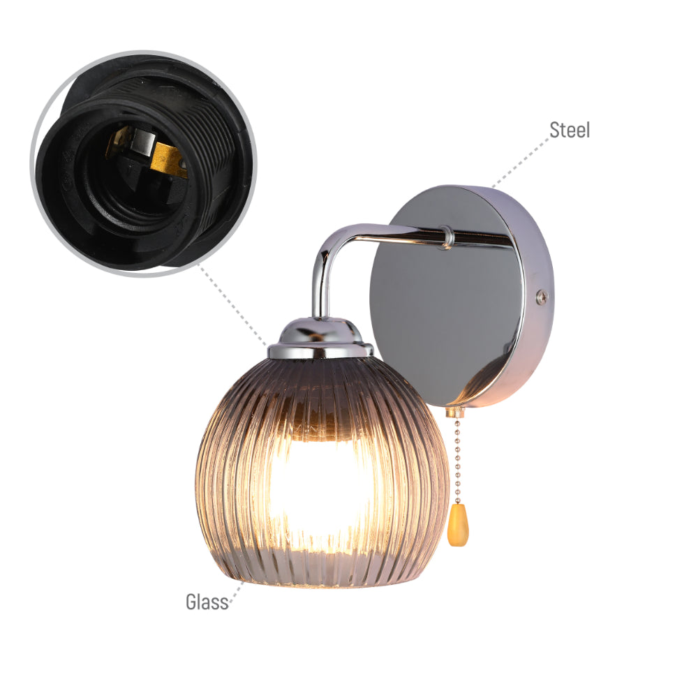 Reeded Glass Wall Light with Pull Down Switch E27 Fitting 6