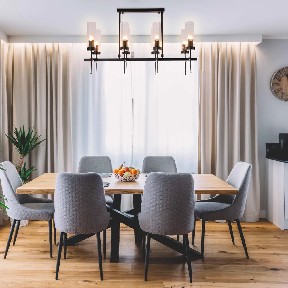 Elegant American fluted glass chandelier illuminating a modern dining room, enhancing the chic decor with its sophisticated design.159-18228