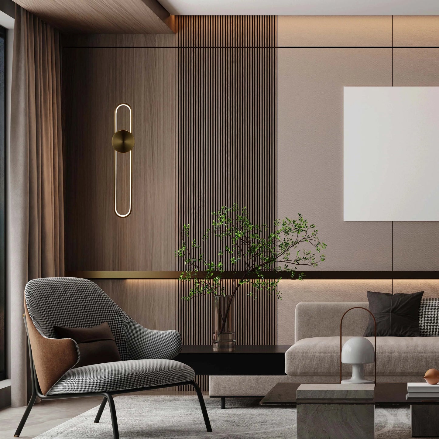 A sleek wall light emits a warm, modern glow, complementing the room's elegant design.
