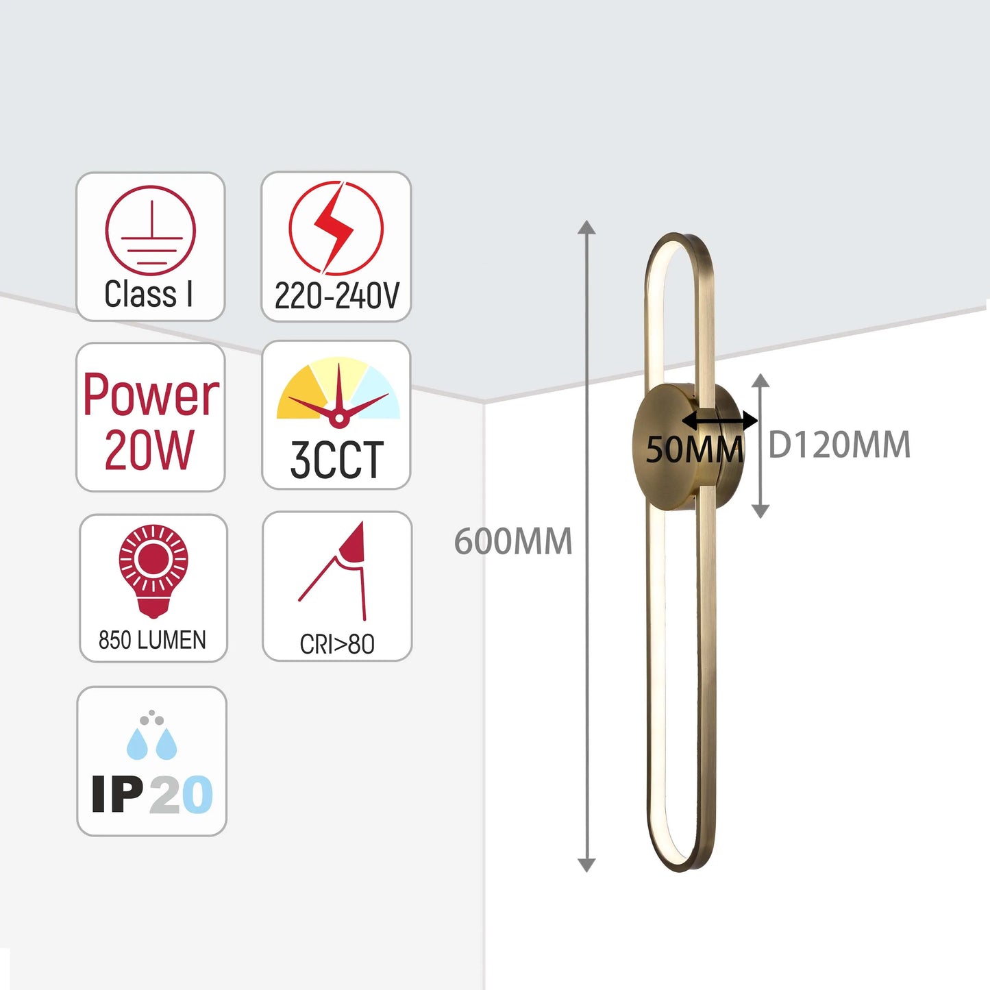 A sleek, modern LED wall light with a bronze finish. It emits 850 lumens, 20W, 3CCT and measures 600mm in height.