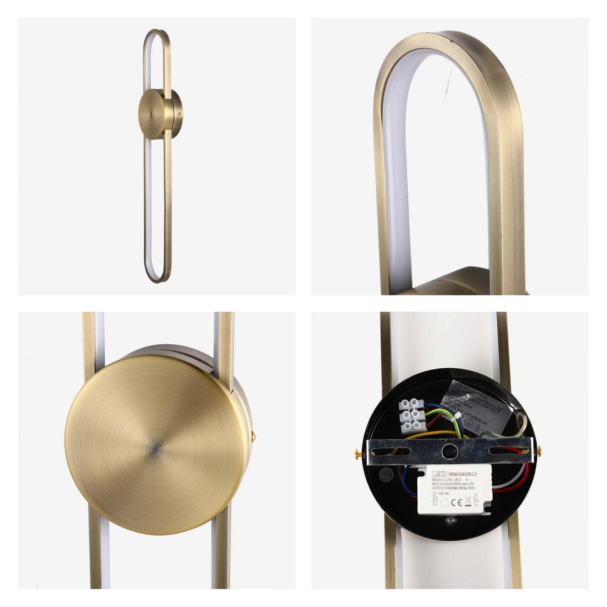 Antique brass finish LED wall light with white diffuser, showing a unique looped design. Modern and stylish.