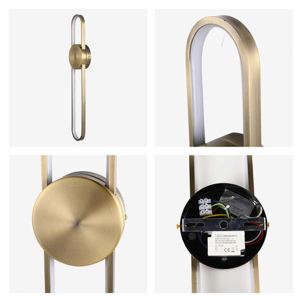 Antique brass finish LED wall light with white diffuser, showing a unique looped design. Modern and stylish.