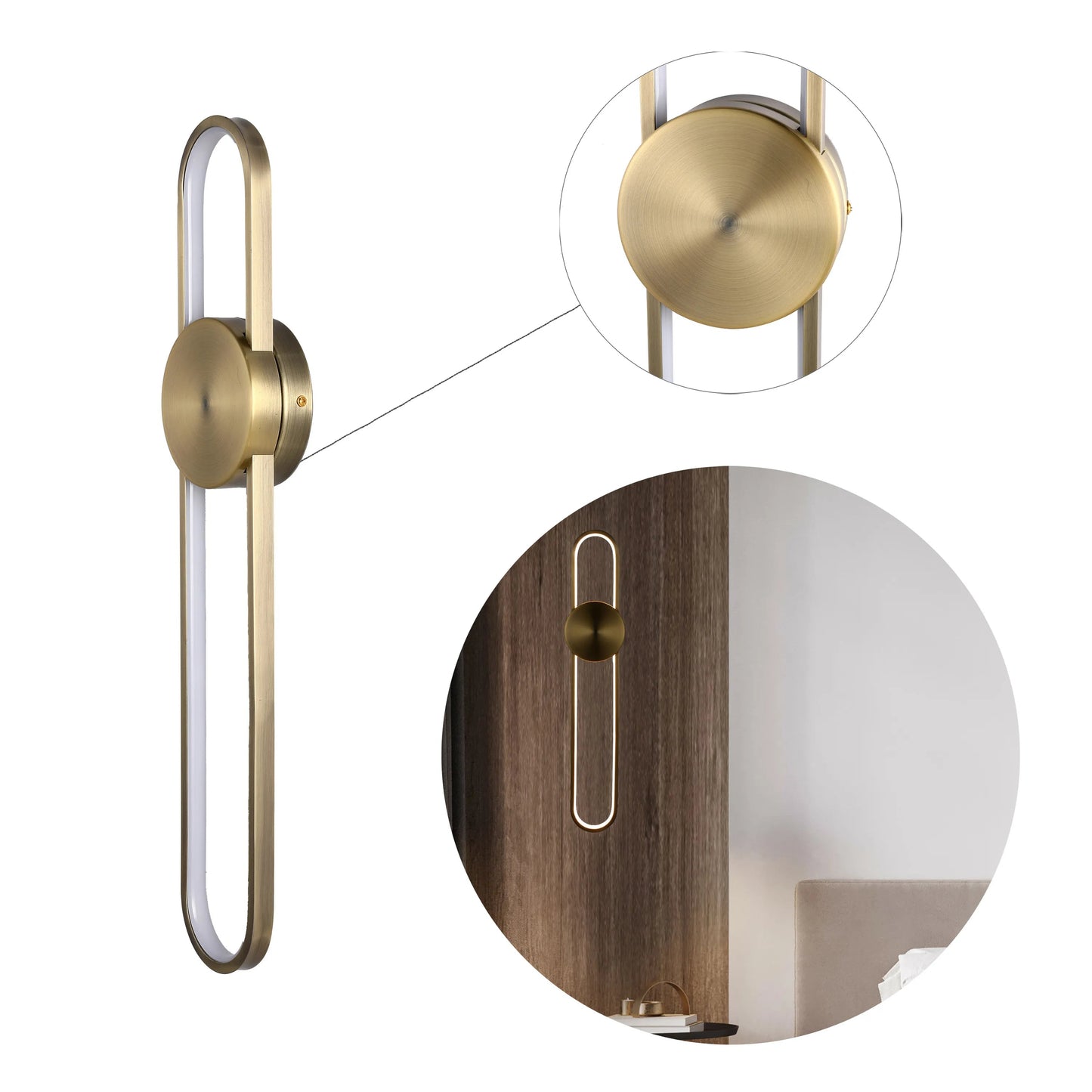 A modern brass wall light fixture with long oval shapes and integrated LEDs, adding a warm glow.