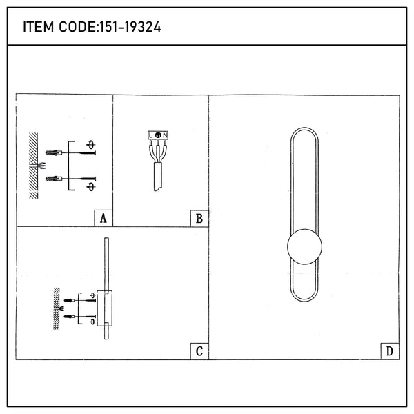 A diagram showing the various installation components of the light, in steps A-D, ending with the finished product.