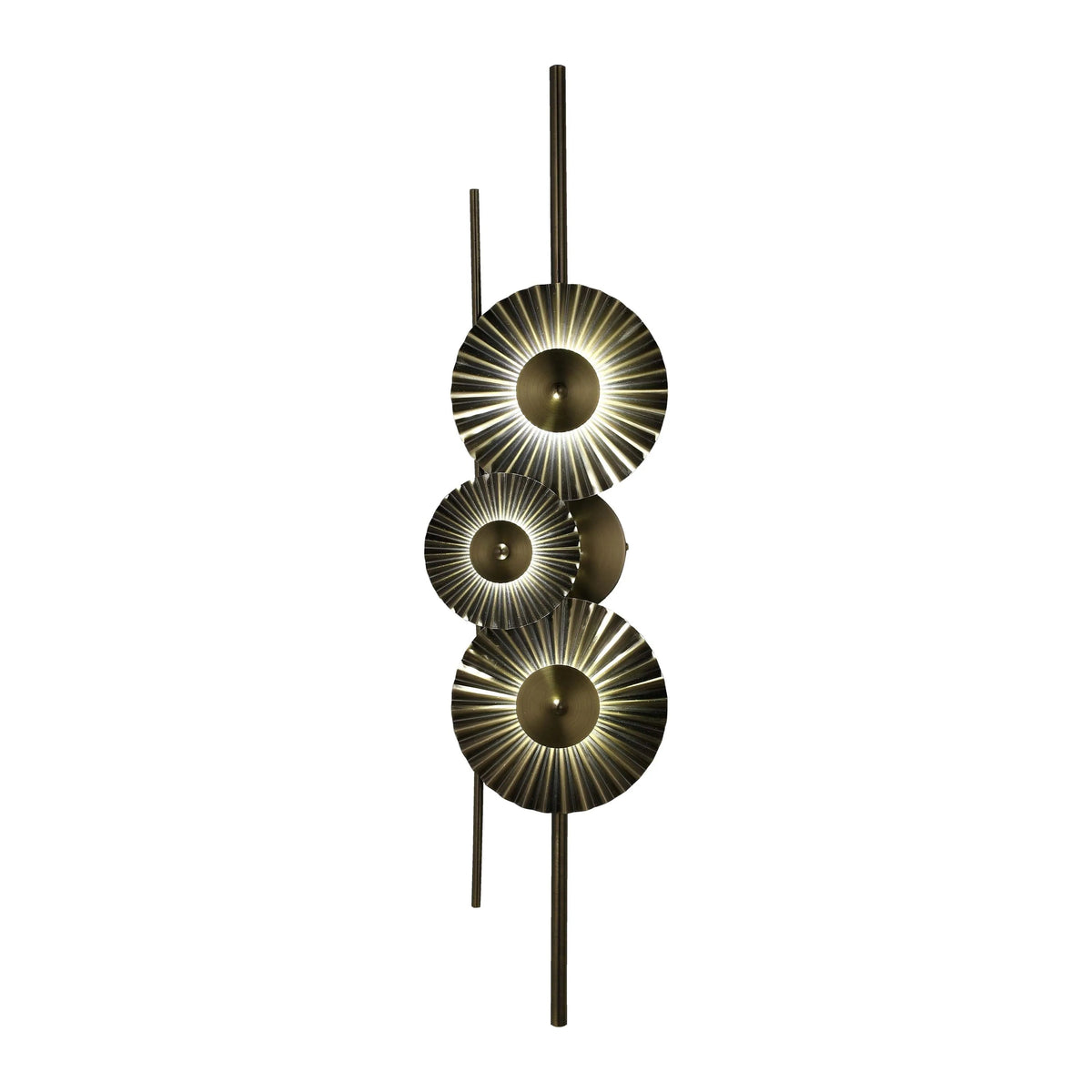 A modern wall light fixture with several metallic, circular lights running down a bar, creating a sophisticated ambiance.