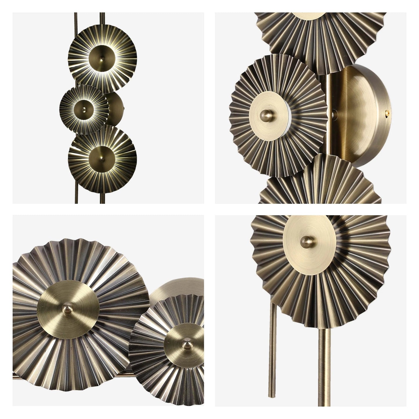 A series of decorative, disc-shaped, brass wall lights with pleated edges create an eye-catching, contemporary lighting feature.