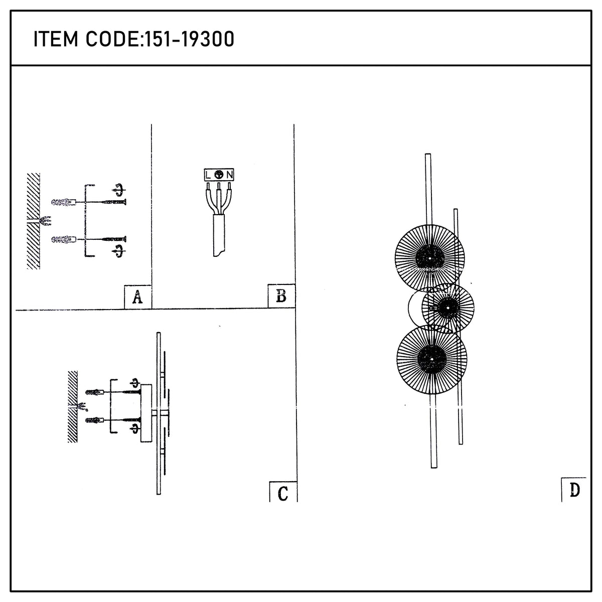 Installation diagrams of a modern feature wall light with decorative circular shades and slimline supports.
