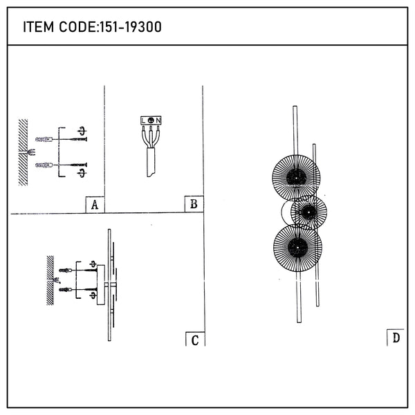 Installation diagrams of a modern feature wall light with decorative circular shades and slimline supports.