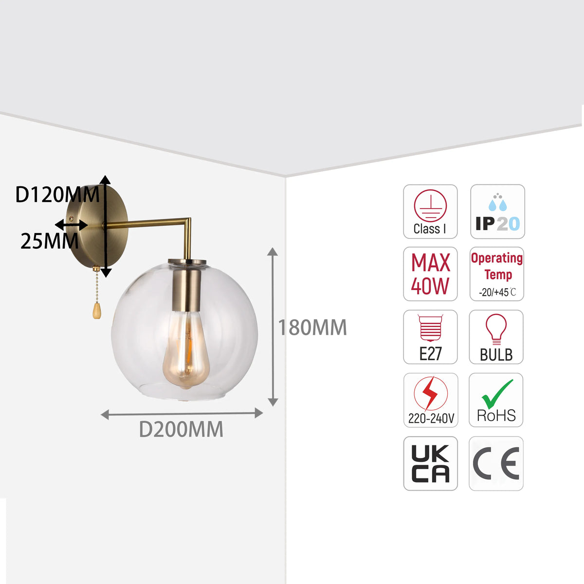 Wall light with a clear glass globe shade, in antique brass finish, showcasing its dimensions and technical specifications.
