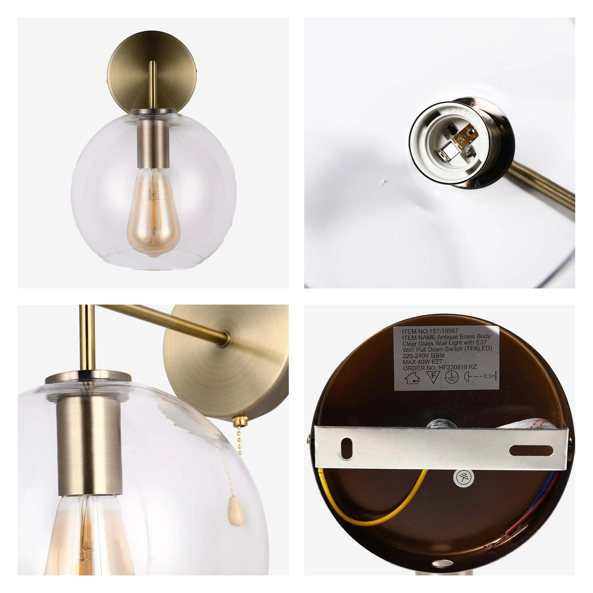 Antique brass wall light. Clear glass shade with E27 fitting and pull down switch. Modern, stylish lighting for any room.