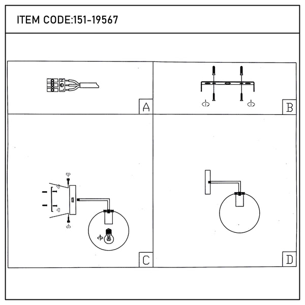 Diagram of how to assemble the stylish wall light, item code 151-19567.