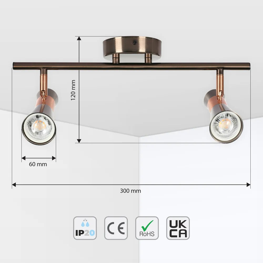 Size and technical specs of the Antique Bronze & Copper Adjustable Track Spotlights-172-03139