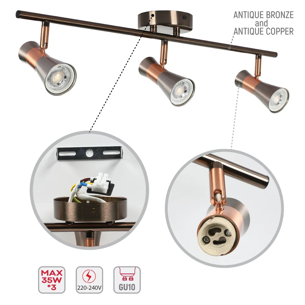 Details of the Antique Bronze & Copper Adjustable Track Spotlights-172-03140