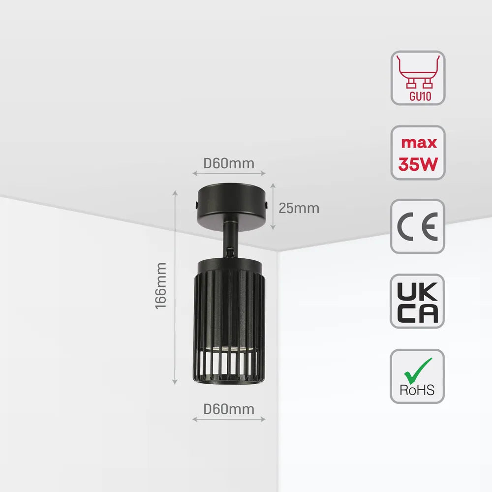 Size and technical specs of the Aria Cage-Bar Adjustable GU10 Spotlight-172-03153