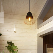 Stylish black and gold metal pendant light, enhancing modern dining room decor with a chic, industrial flair.150-180821