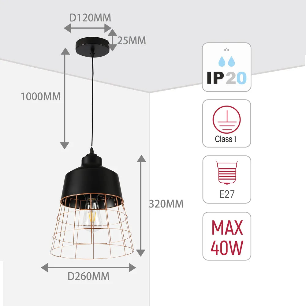 Size and technical specs of the Aurelia Black & Gold Cage Pendant Light-150-180822