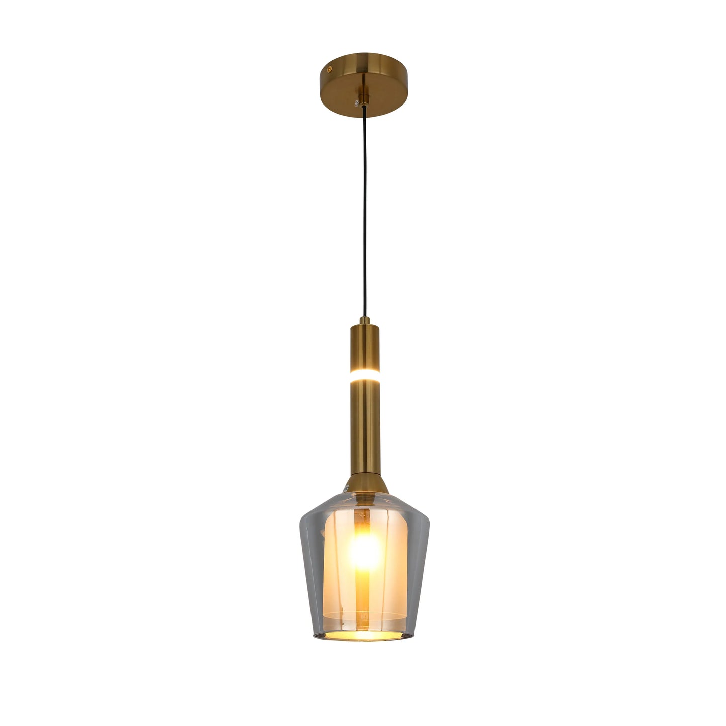A stylish, modern pendant light. Gold metal fixtures with a clear, smoky glass shade.