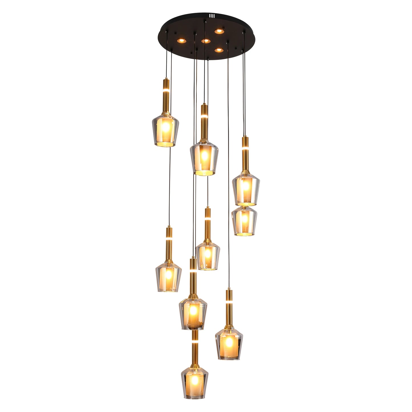A stylish multi-light pendant with glass shades and gold accents, emitting a warm, inviting glow.