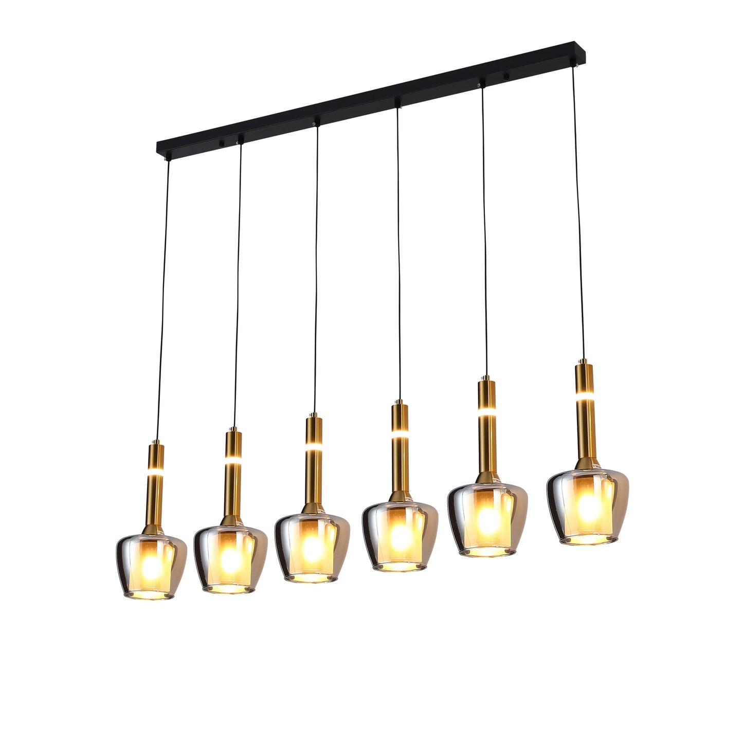 Six-light pendant lamp with smoky glass shades and gold accents, suspended from a sleek black bar.