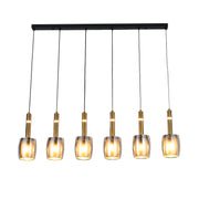 A contemporary six-light pendant with gold fixtures and smoky glass shades, suspended from a sleek black bar.