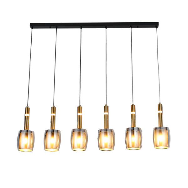 A contemporary six-light pendant with gold fixtures and smoky glass shades, suspended from a sleek black bar.