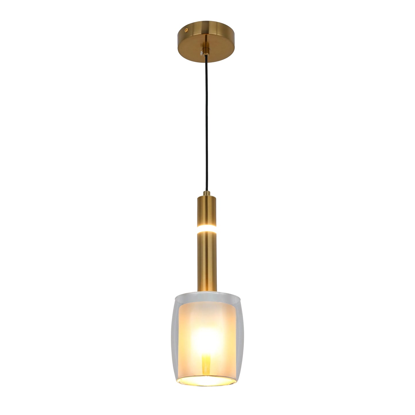 A modern, brushed gold pendant light with a glass shade, casting a warm glow. Contemporary design for stylish spaces.