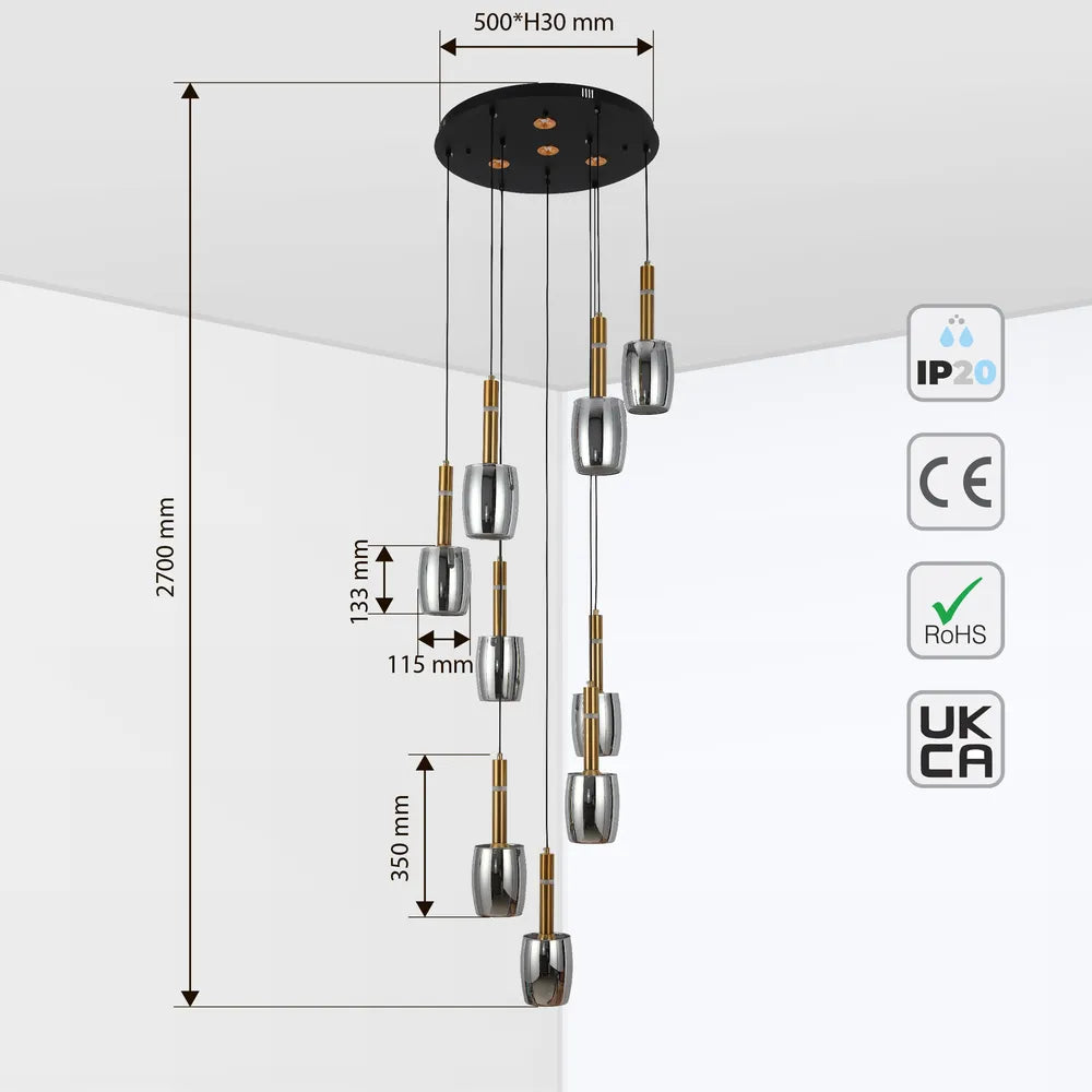 Size and technical specs of the Aurora Hybrid Gold Accent Cluster Pendant Light-159-18312