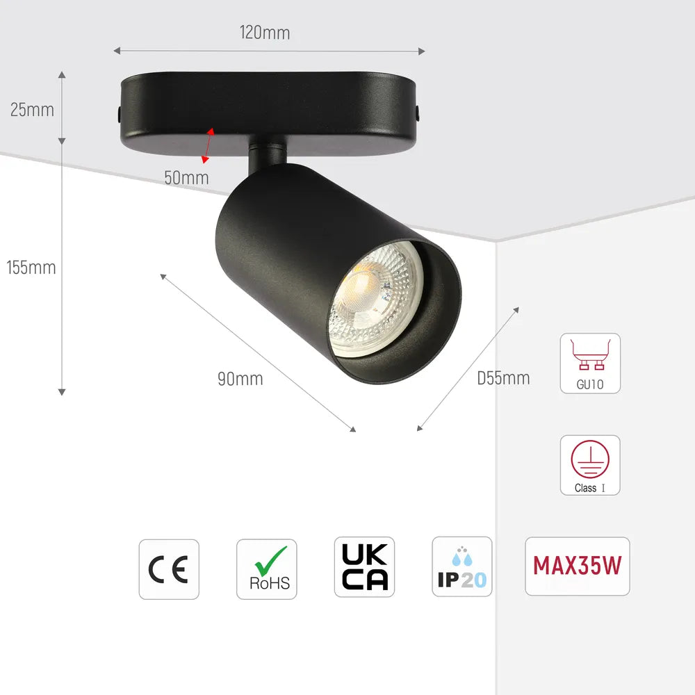 Size and technical specs of the Beam Cylinder GU10 Spotlight-172-03045