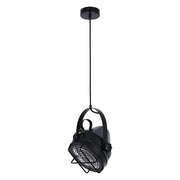 Black pendant lighting fixture with a dome-shaped shade and cage covering the lightbulb. Studio-style pendant light.
