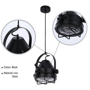 A black industrial pendant light with metal cage and glass cover for a vintage style.