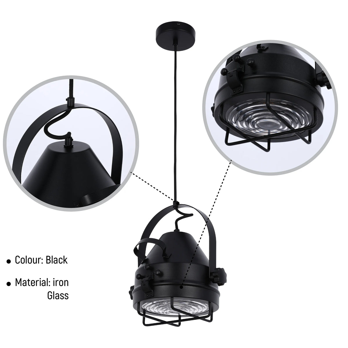 A black industrial pendant light with metal cage and glass cover for a vintage style.