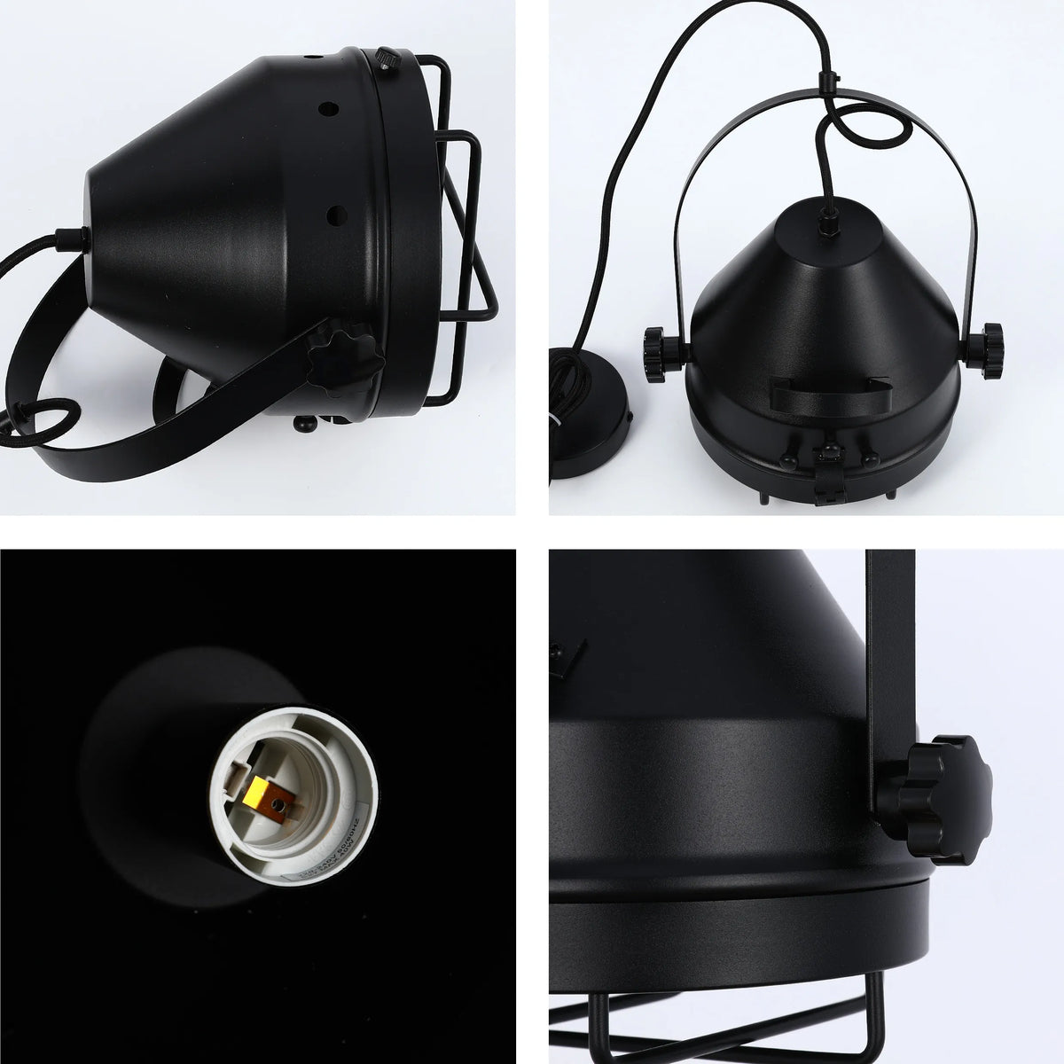 Industrial-style black pendant light with metal cage and adjustable arm, a stylish statement lighting piece.