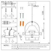 Technical diagram of a pendant light with dimensions. Includes fitting instructions, and safety notes for install.
