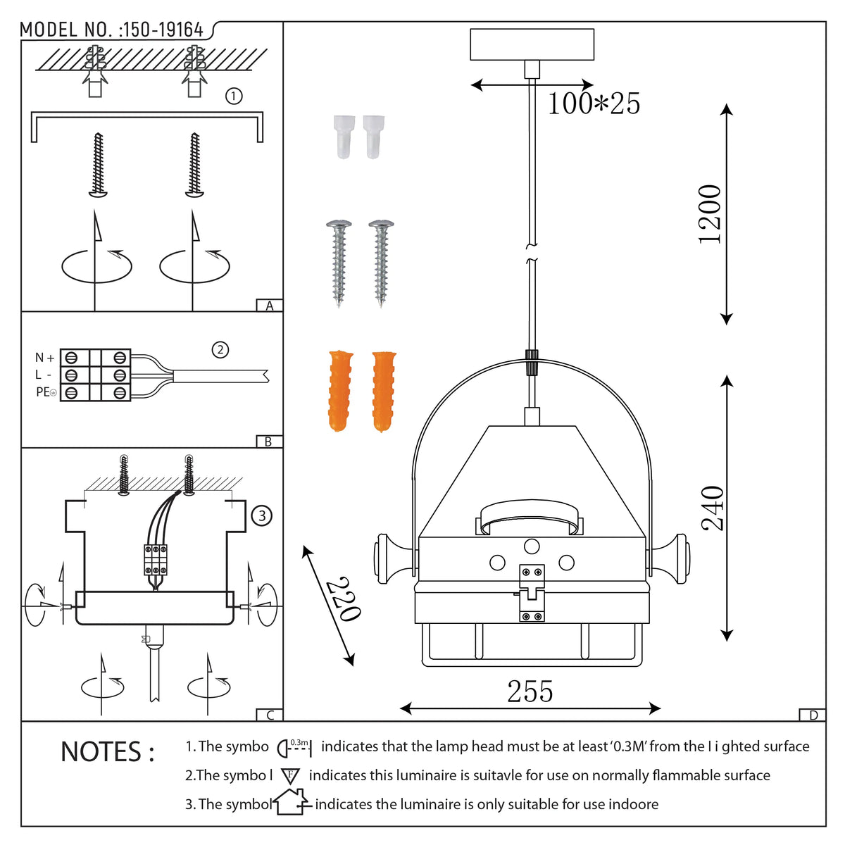 Technical diagram of a pendant light with dimensions. Includes fitting instructions, and safety notes for install.