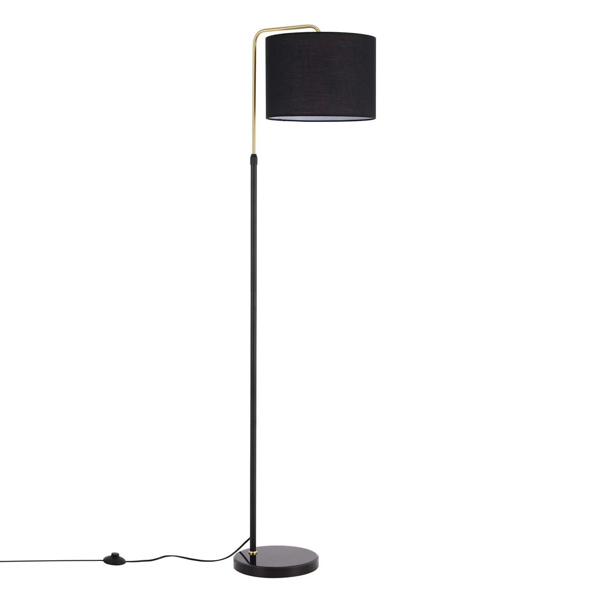 A modern floor lamp with a black shade, sleek black stand and a gold accent for an elegant touch.
